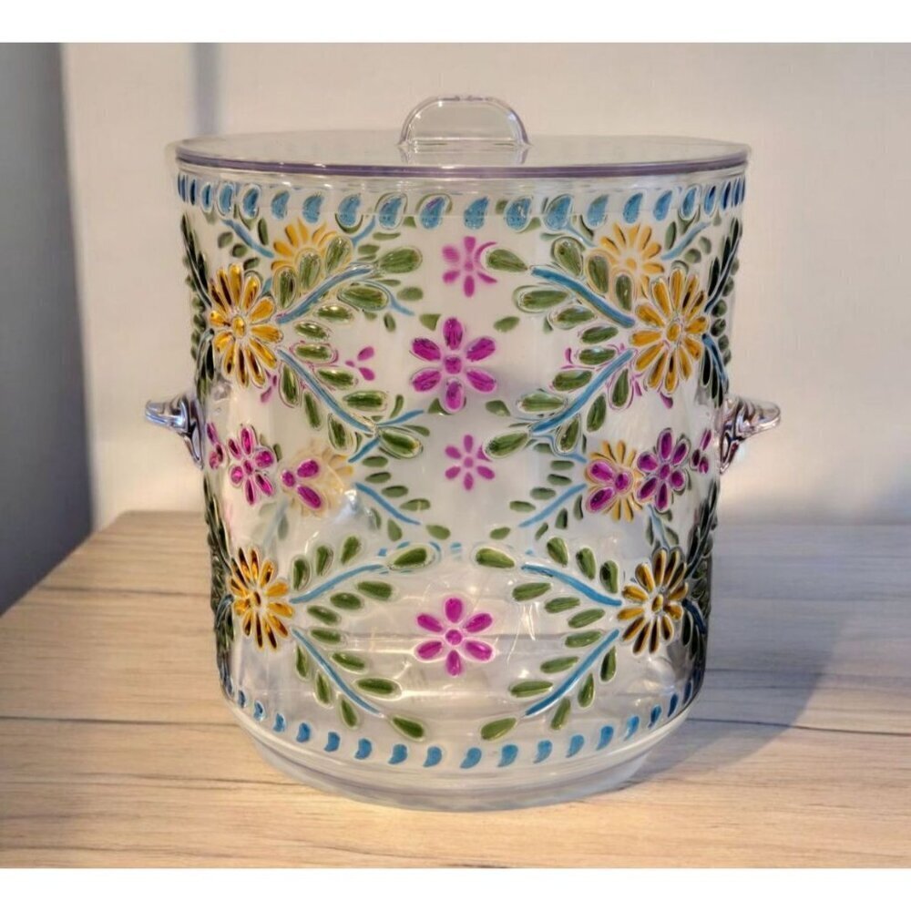 New Floral Country Acrylic Ice Bucket W/Lid & Tongs Party BBQ Flower Barware